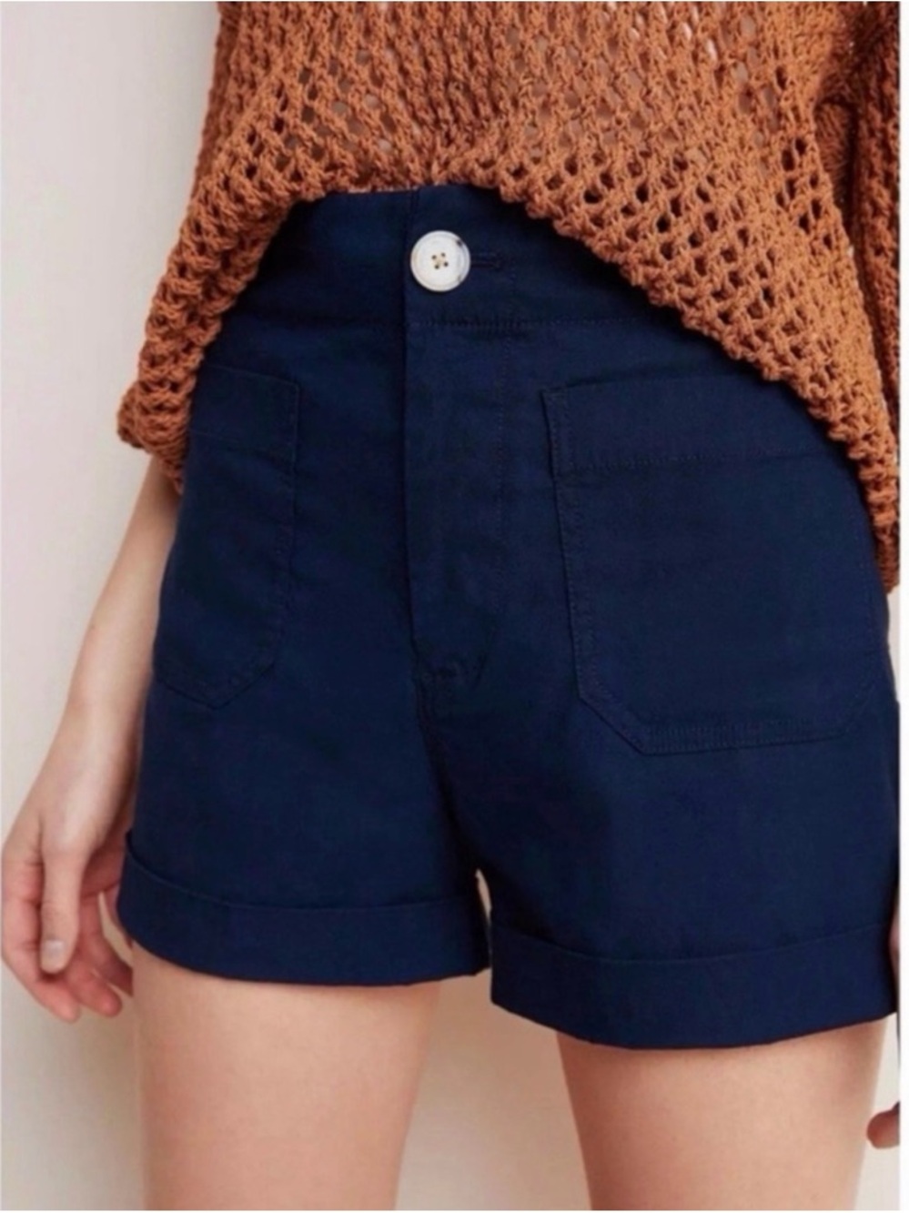 Anthropologie Megan Patch Pocket Shorts Colette Retro High Rise Navy Blue 27